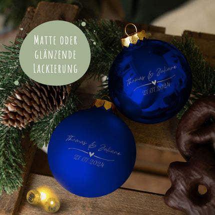 SEO. Gravierte Weihnachtskugel - Wedding Love - Blau (matt) Linkreich