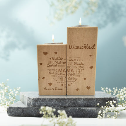 SEO. Gravierter Teelichthalter aus Holz im Set mit Namensherz Mama Design - Linkreich