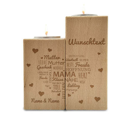 SEO. Gravierter Teelichthalter aus Holz im Set mit Namensherz Mama Design - Linkreich