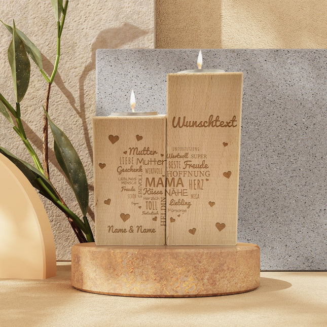 SEO. Gravierter Teelichthalter aus Holz im Set mit Namensherz Mama Design - Linkreich