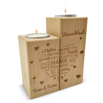 SEO. Gravierter Teelichthalter aus Holz im Set mit Namensherz Mama Design - Linkreich