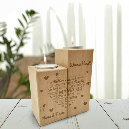 SEO. Gravierter Teelichthalter aus Holz im Set mit Namensherz Mama Design - Linkreich