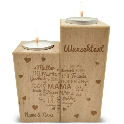 SEO. Gravierter Teelichthalter aus Holz im Set mit Namensherz Mama Design - Linkreich