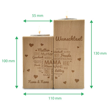 SEO. Gravierter Teelichthalter aus Holz im Set mit Namensherz Mama Design - Linkreich