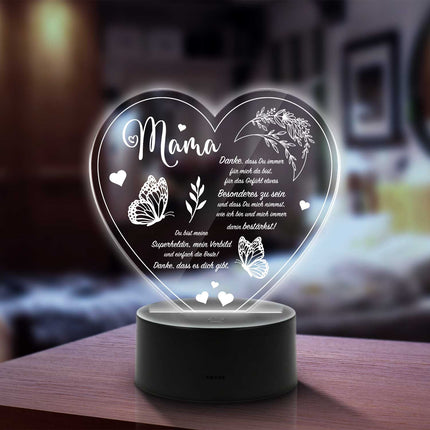 SEO. Graviertes Acrylglas im Danke Mama Design mit LED - Sockel - Linkreich