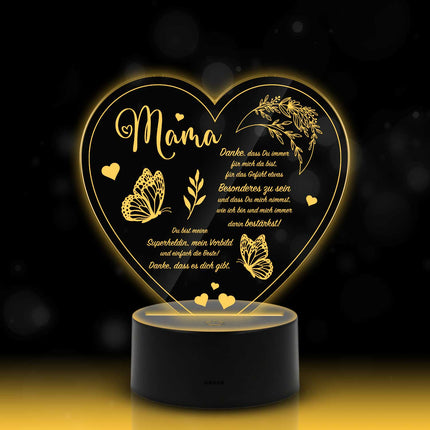 SEO. Graviertes Acrylglas im Danke Mama Design mit LED - Sockel - Linkreich