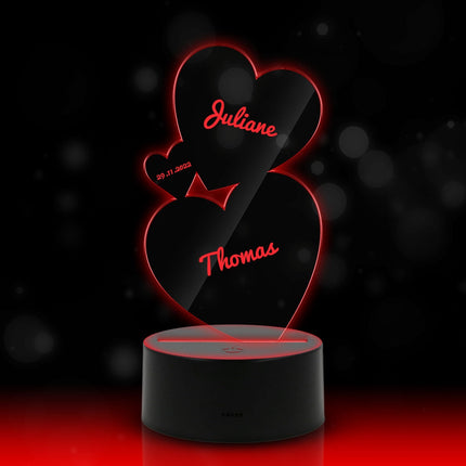 SEO. Graviertes Acrylglas im Drei Herzen Design mit LED - Sockel - Linkreich