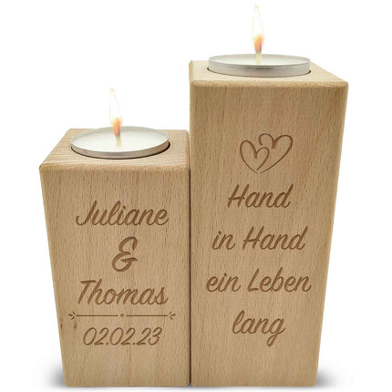 SEO. Graviertes Teelichthalter Set aus Holz im "Hand in Hand" Design - Linkreich