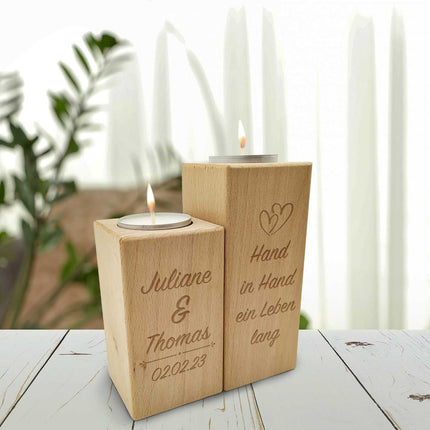 SEO. Graviertes Teelichthalter Set aus Holz im "Hand in Hand" Design - Linkreich
