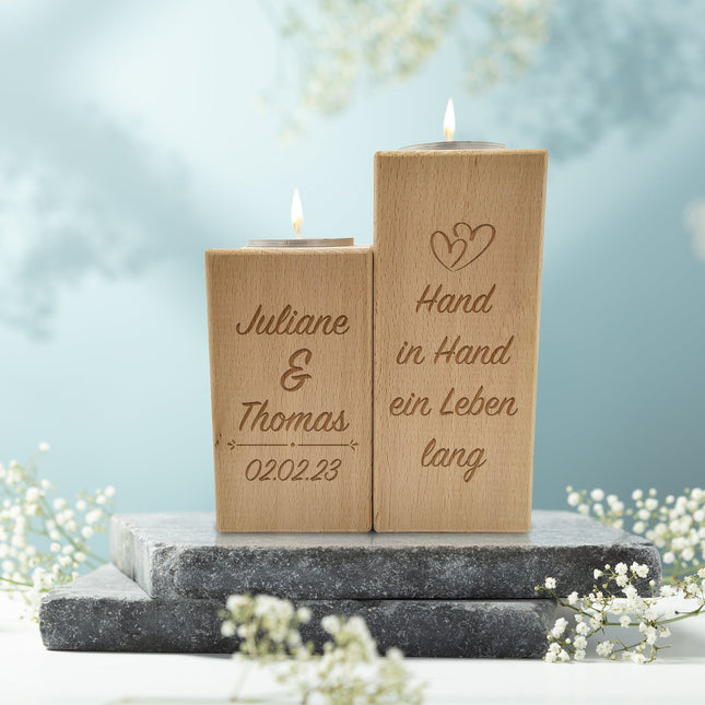 SEO. Graviertes Teelichthalter Set aus Holz im "Hand in Hand" Design - Linkreich