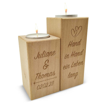 SEO. Graviertes Teelichthalter Set aus Holz im "Hand in Hand" Design - Linkreich