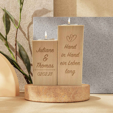 SEO. Graviertes Teelichthalter Set aus Holz im "Hand in Hand" Design - Linkreich
