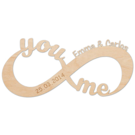 SEO. Graviertes Unendlichkeitszeichen "You & Me" aus Holz mit Namen & Datum - Linkreich