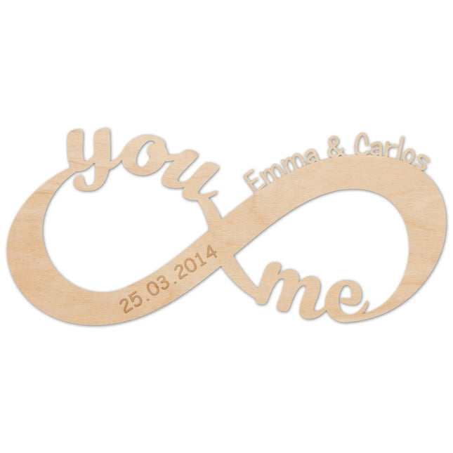 SEO. Graviertes Unendlichkeitszeichen "You & Me" aus Holz mit Namen & Datum - Linkreich