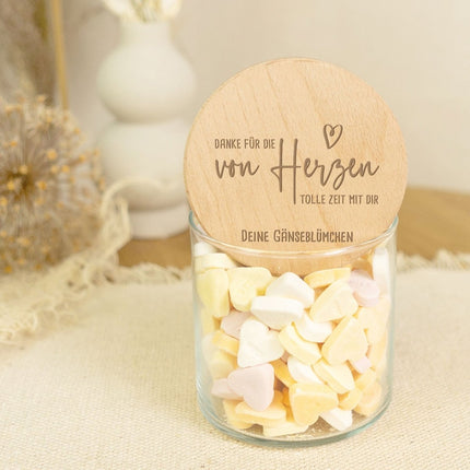 SEO. Graviertes Vorratsglas mit Holzdeckel - Danke von Herzen - Klein Linkreich