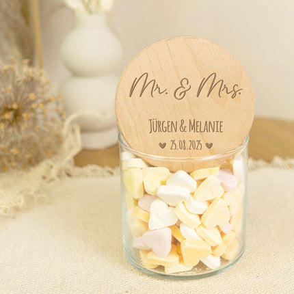 SEO. Graviertes Vorratsglas mit Holzdeckel - Mr & Mrs - Groß Linkreich