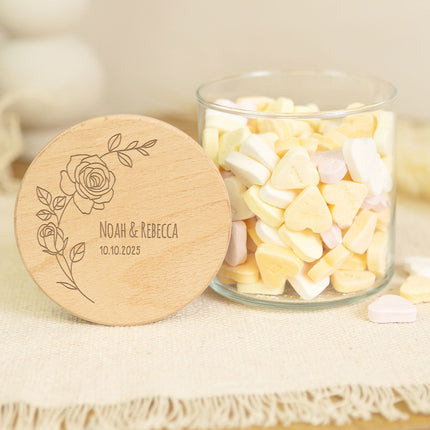 SEO. Graviertes Vorratsglas mit Holzdeckel - Rose - Groß Linkreich