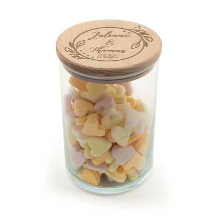 SEO. Graviertes Vorratsglas mit Holzdeckel - Zur Hochzeit - Blumenkranz Linkreich
