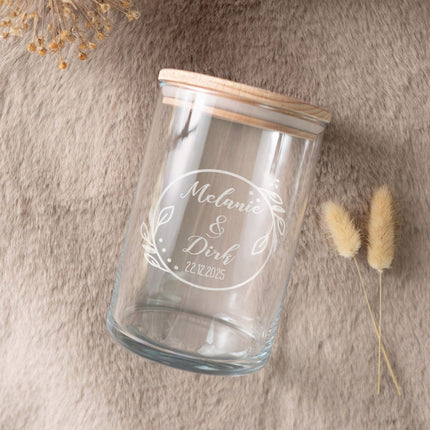 SEO. Graviertes Vorratsglas mit Holzdeckel - Zur Hochzeit - Herz Linkreich