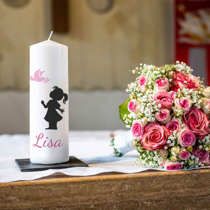 SEO. Große Kerze "Baby Silhouette" - Trauerkerze mit Namen & Wunschtext - Rosa Linkreich