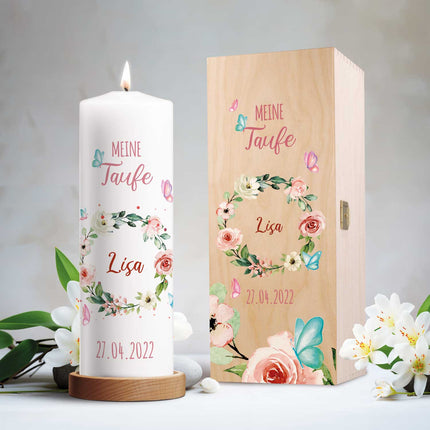 SEO. Große Kerze "Blumenkranz" - Taufkerze mit Namen & Datum - mit Kiste Linkreich