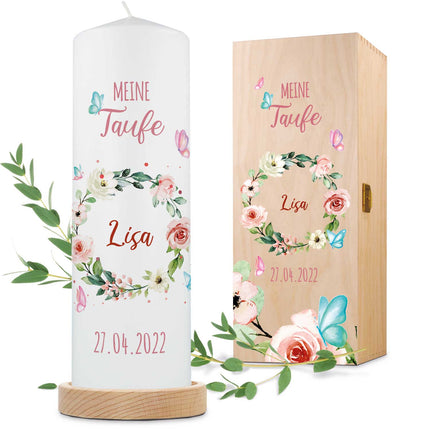 SEO. Große Kerze "Blumenkranz" - Taufkerze mit Namen & Datum - mit Kiste Linkreich
