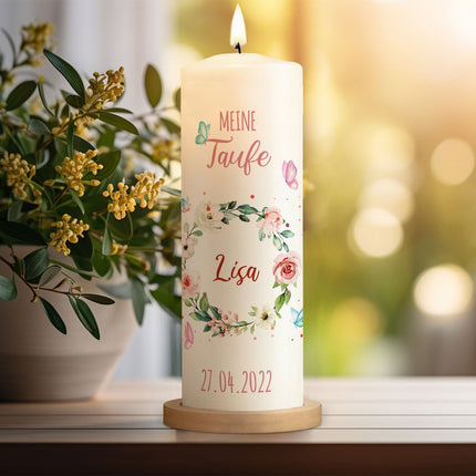SEO. Große Kerze "Blumenkranz" - Taufkerze mit Namen & Datum - ohne Kiste Linkreich