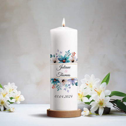 SEO. Große Kerze "Blumenrahmen" - Hochzeitskerze bedruckt mit Namen, Datum und Wunschtext - Linkreich