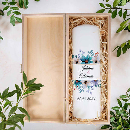 SEO. Große Kerze "Blumenrahmen" - Hochzeitskerze bedruckt mit Namen, Datum und Wunschtext - Linkreich