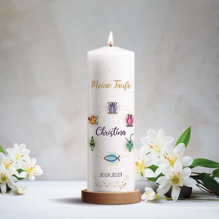 SEO. Große Kerze "Christliche Symbole" - Taufkerze mit Namen, Datum & Wunschtext - Linkreich