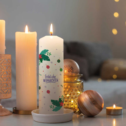 SEO. Große Kerze "Christmas Ornament" bedruckt mit Namen & Wunschtext zu Weihnachten - Linkreich