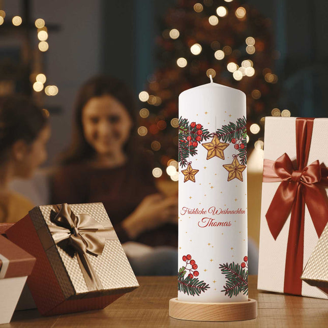 SEO. Große Kerze "Christmas Stars" bedruckt mit Namen & Wunschtext zu Weihnachten - Linkreich