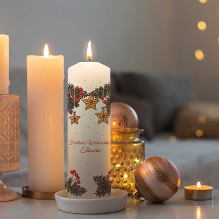 SEO. Große Kerze "Christmas Stars" bedruckt mit Namen & Wunschtext zu Weihnachten - Linkreich