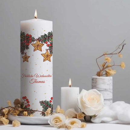 SEO. Große Kerze "Christmas Stars" bedruckt mit Namen & Wunschtext zu Weihnachten - Linkreich