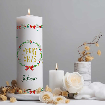 SEO. Große Kerze "Classic" Merry XMas mit Namen zu Weihnachten - Linkreich
