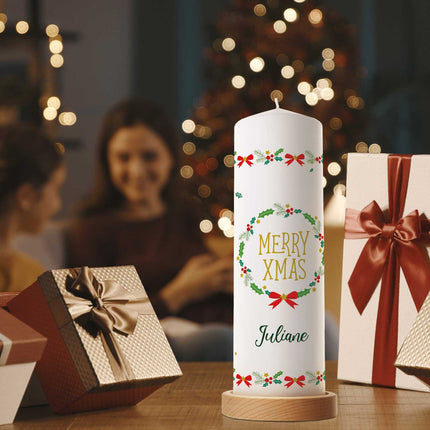 SEO. Große Kerze "Classic" Merry XMas mit Namen zu Weihnachten - Linkreich