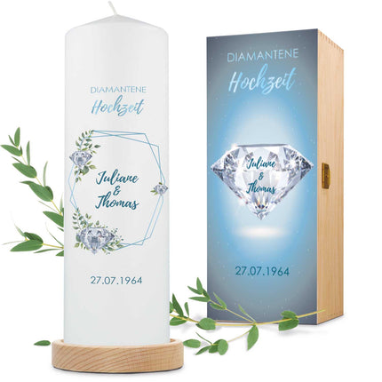 SEO. Große Kerze "Diamanthochzeit" - Hochzeitskerze mit Namen, Datum & Wunschtext - mit Kiste Linkreich