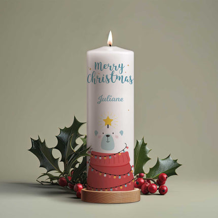 SEO. Große Kerze "Eisbär" mit Namen zu Weihnachten - Linkreich