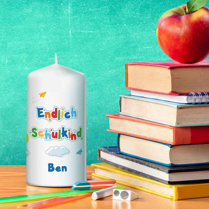 SEO. Große Kerze "Endlich Schulkind" mit Namen zur Einschulung - Große Kerze Linkreich