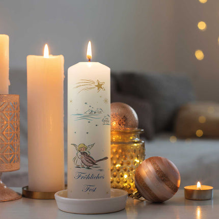 SEO. Große Kerze "Engel & Schwalbe" bedruckt mit Wunschtext zu Weihnachten - Linkreich