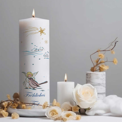 SEO. Große Kerze "Engel & Schwalbe" bedruckt mit Wunschtext zu Weihnachten - Linkreich