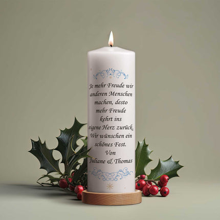 SEO. Große Kerze "Engel & Schwalbe" bedruckt mit Wunschtext zu Weihnachten - Linkreich