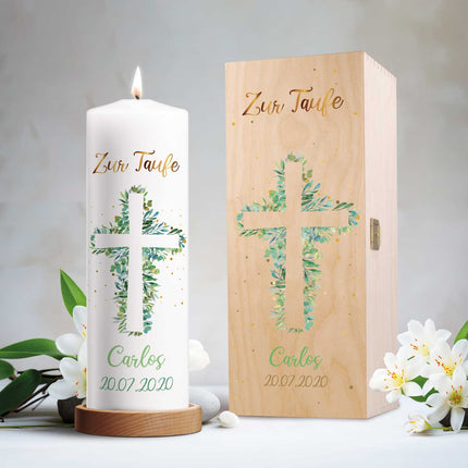 SEO. Große Kerze "Eukalyptus Kreuz" - Taufkerze mit Namen, Datum & Taufspruch - mit Kiste Linkreich