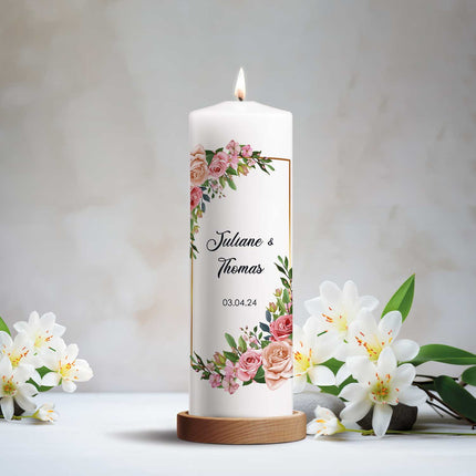 SEO. Große Kerze "Floral Golden" - Hochzeitskerze mit Namen, Datum & Wunschtext - Linkreich