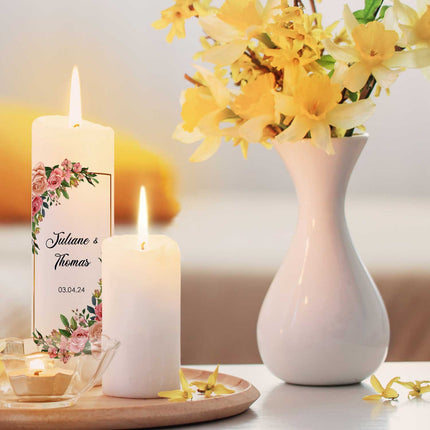 SEO. Große Kerze "Floral Golden" - Hochzeitskerze mit Namen, Datum & Wunschtext - Linkreich