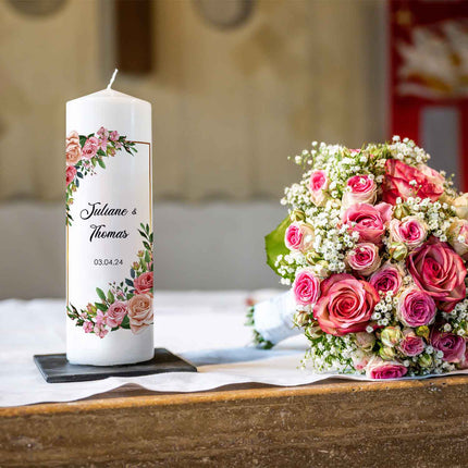 SEO. Große Kerze "Floral Golden" - Hochzeitskerze mit Namen, Datum & Wunschtext - Linkreich