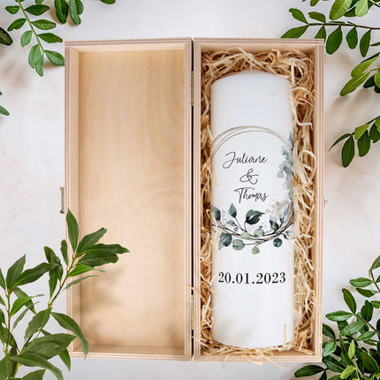 SEO. Große Kerze "Floral Kreis" Traukerze Brautkerze mit Namen & Datum zur Hochzeit - ohne Kiste Linkreich