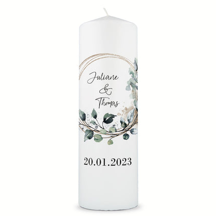 SEO. Große Kerze "Floral Kreis" Traukerze Brautkerze mit Namen & Datum zur Hochzeit - ohne Kiste Linkreich