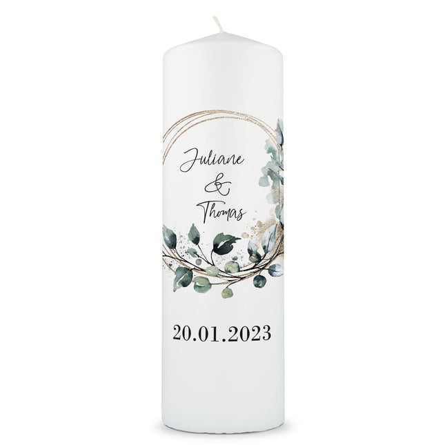 SEO. Große Kerze "Floral Kreis" Traukerze Brautkerze mit Namen & Datum zur Hochzeit - ohne Kiste Linkreich