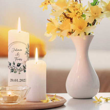 SEO. Große Kerze "Floral Kreis" Traukerze Brautkerze mit Namen & Datum zur Hochzeit - ohne Kiste Linkreich